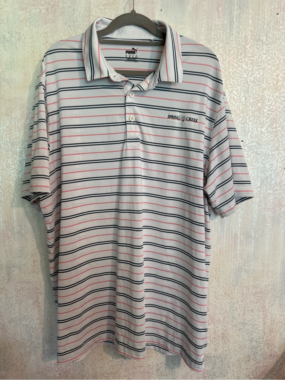 Puma Men’s Spring Creek Stripped White Polo with Navy and Pink Stripes, Sz XL